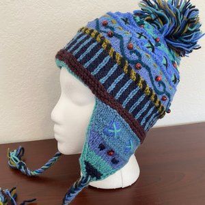 Newari - Wool Hand Knit Devi Earflap Hat - Blue - New